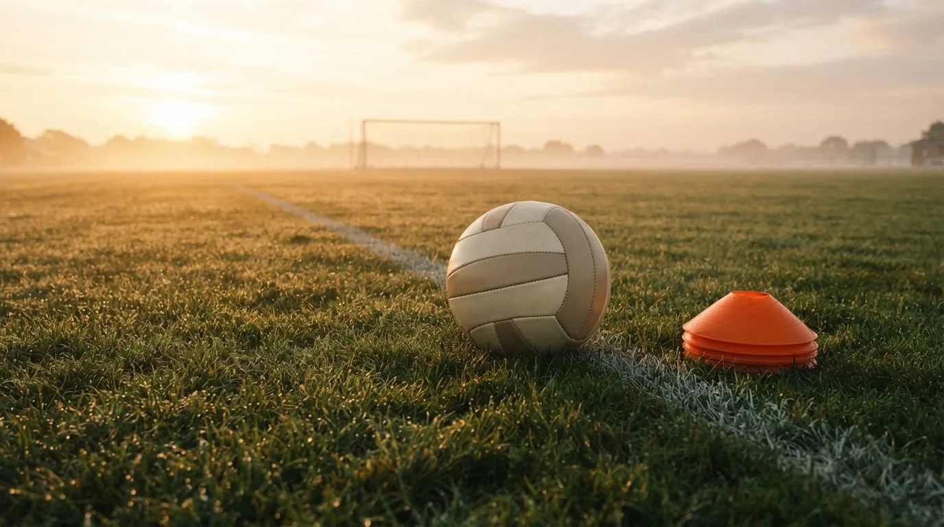 Ein Fußball liegt auf einem Rasenplatz bei Sonnenaufgang, daneben ein kleiner Stapel Trainingshütchen.