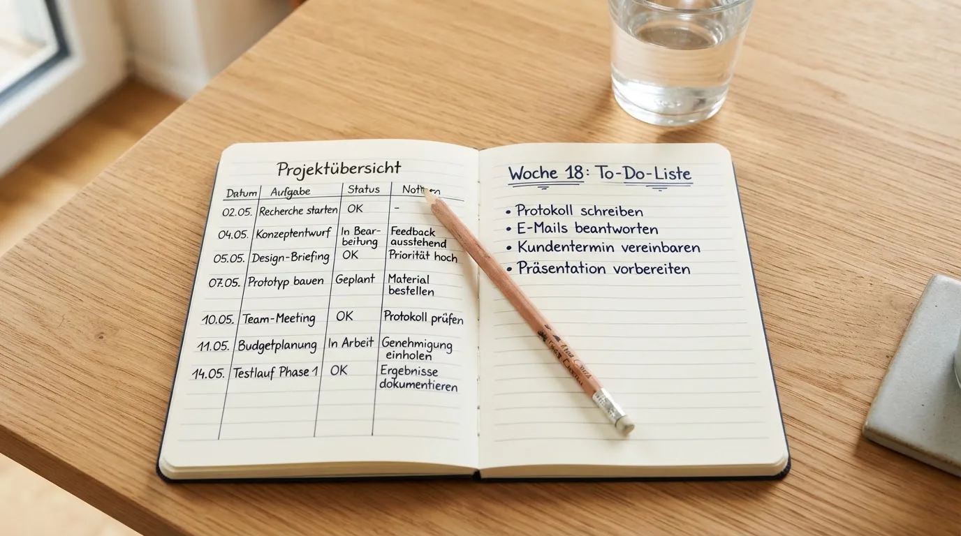 Ein Notizbuch mit handgezeichneten Spalten und ein Bleistift liegen auf einem hellen Holztisch neben einem Glas Wasser.