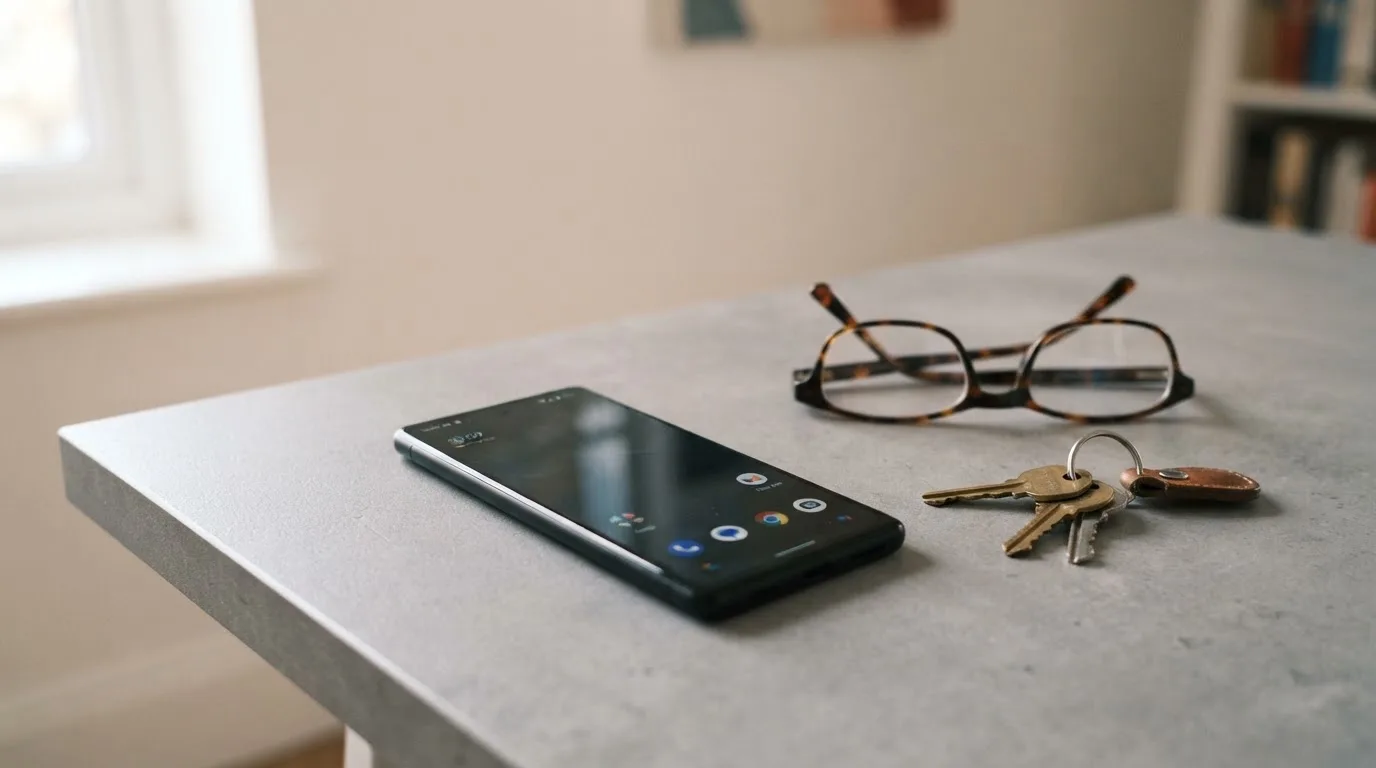 Ein Smartphone liegt mit dunklem Display auf einem Schreibtisch neben einem Schlüsselbund und einer Brille.