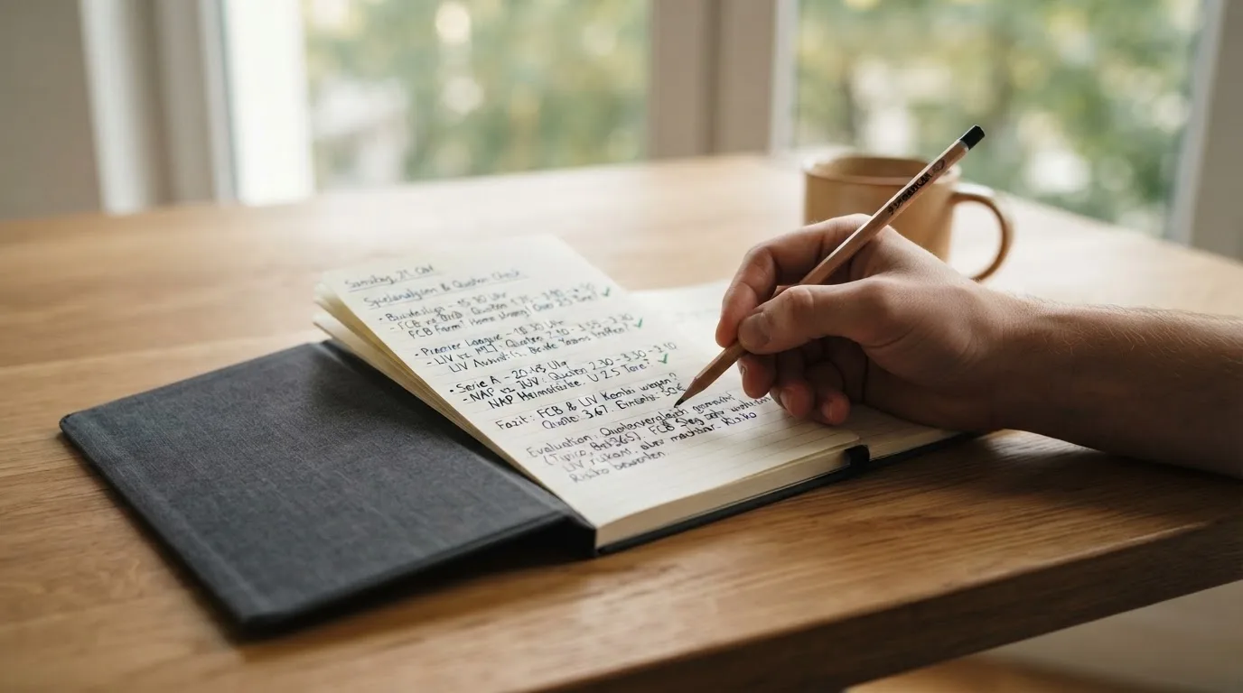 Ein Notizbuch mit handgeschriebenen Stichpunkten und ein Bleistift liegen auf einem Holztisch im Morgenlicht.