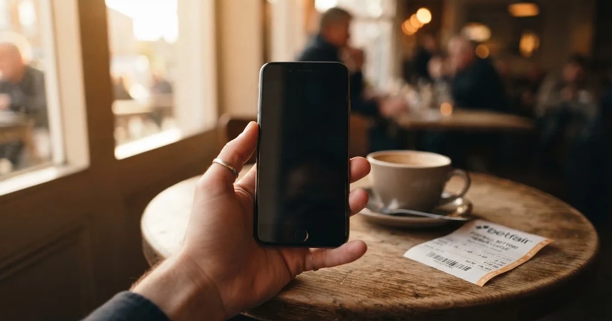 Eine Hand hält ein Smartphone mit dunklem Display, im Hintergrund unscharf ein Café-Tisch mit einer Tasse.