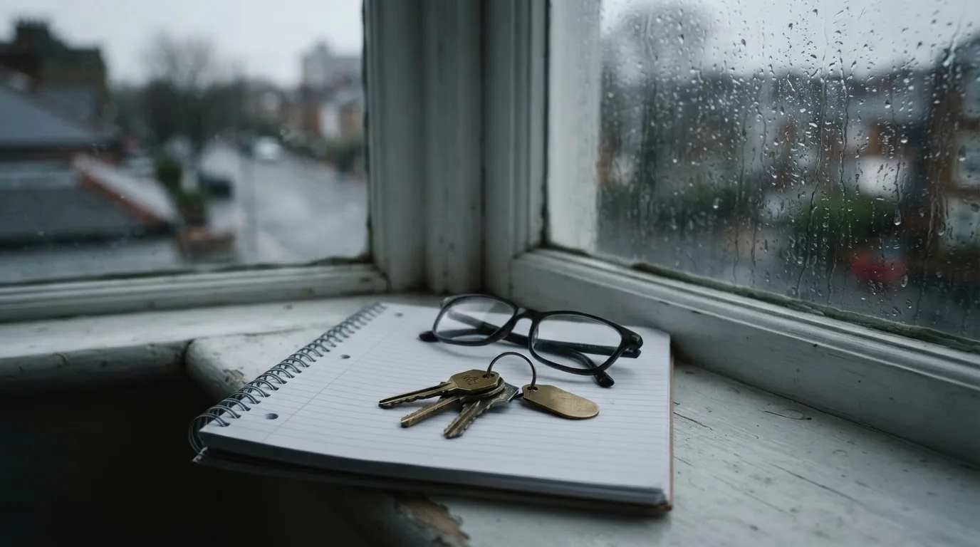 Ein Schlüsselbund und eine Brille liegen auf einem leeren Block neben einem Fenster mit Regentropfen.