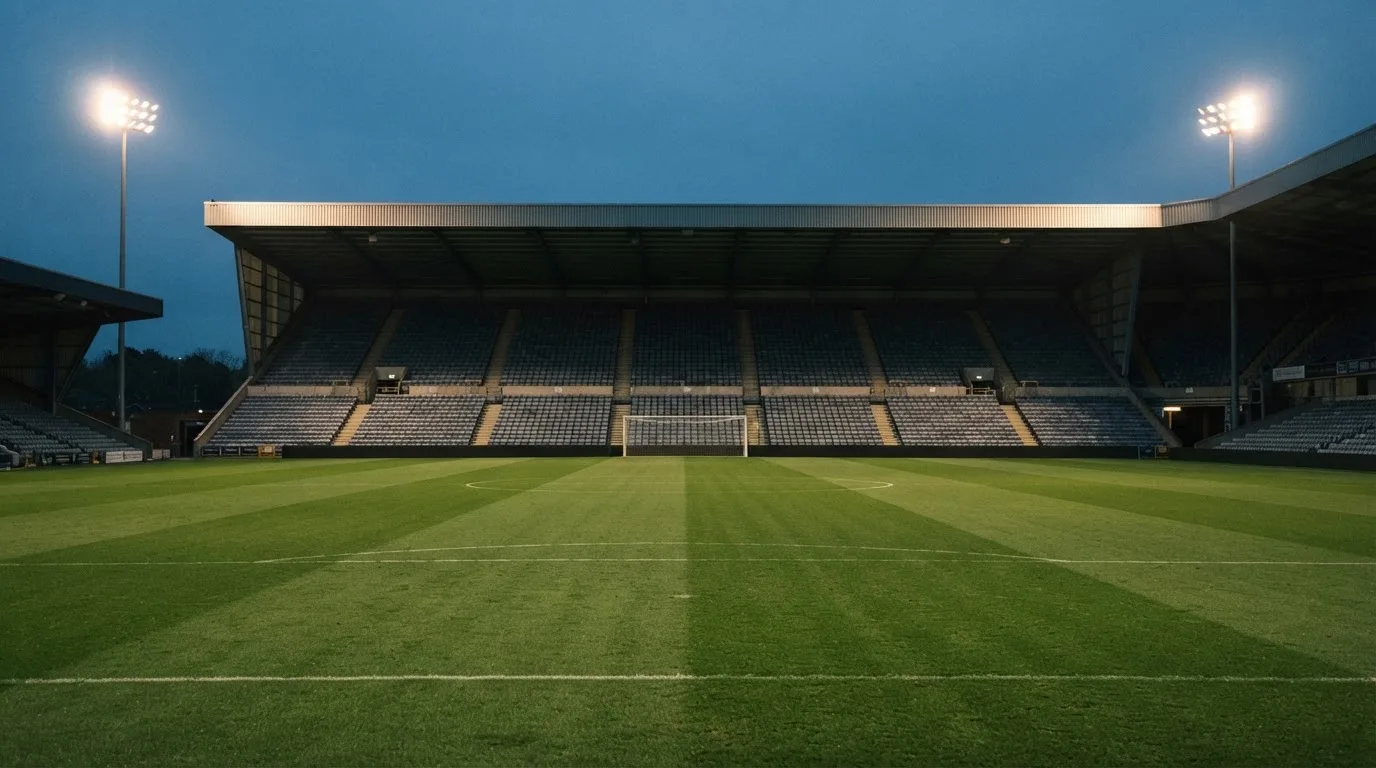Eine leere Stadiontribüne unter Flutlicht aus der Ferne betrachtet, die Rasenfläche leuchtet grün in der Dämmerung.