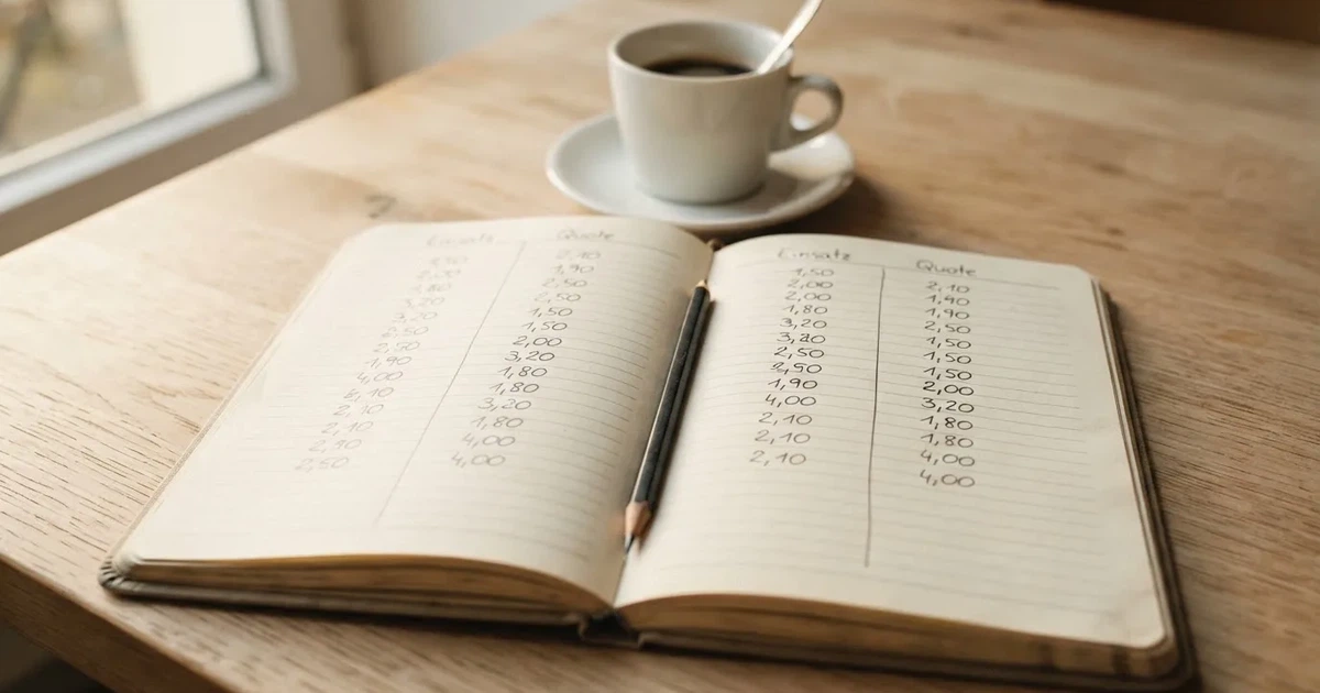 Handschriftliche Zahlenkolonnen in einem Notizbuch, daneben ein Bleistift und eine Tasse Kaffee auf hellem Holz.