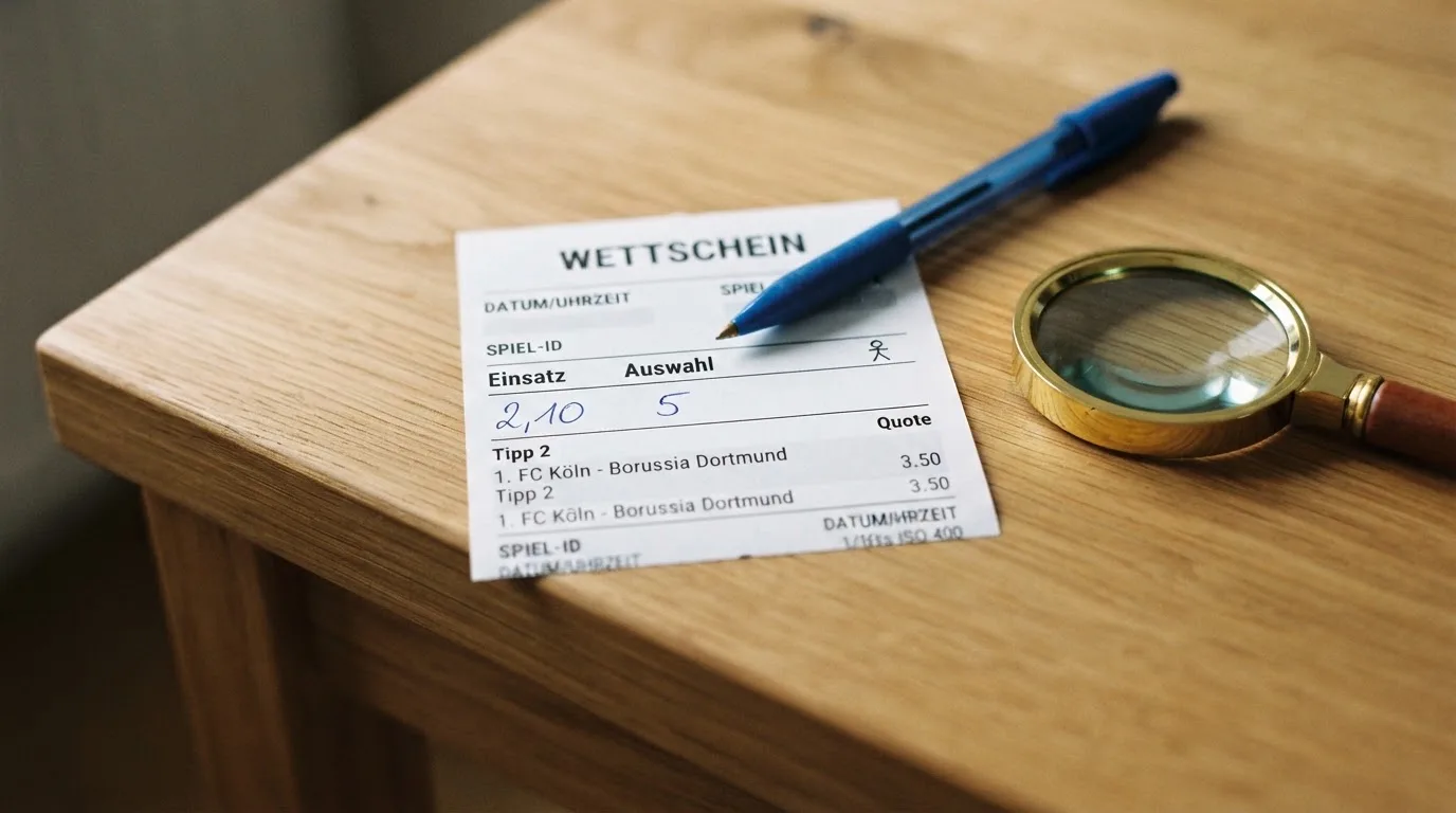 Ein leerer Wettschein aus Papier und ein Kugelschreiber liegen auf einem Schreibtisch neben einer Lupe.