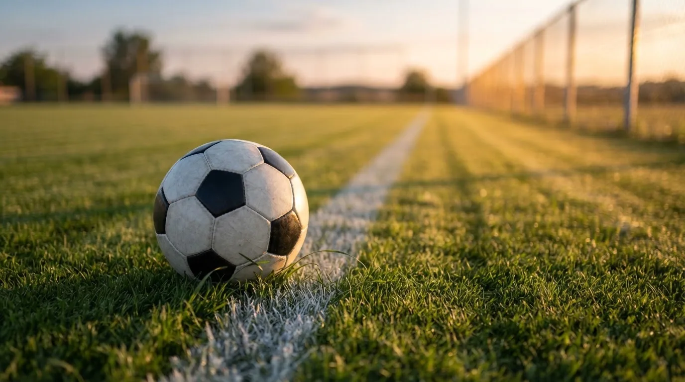 Ein Fußball liegt am Rand eines Rasens neben einer weißen Linie, im Hintergrund ein Zaun in der Abendsonne.