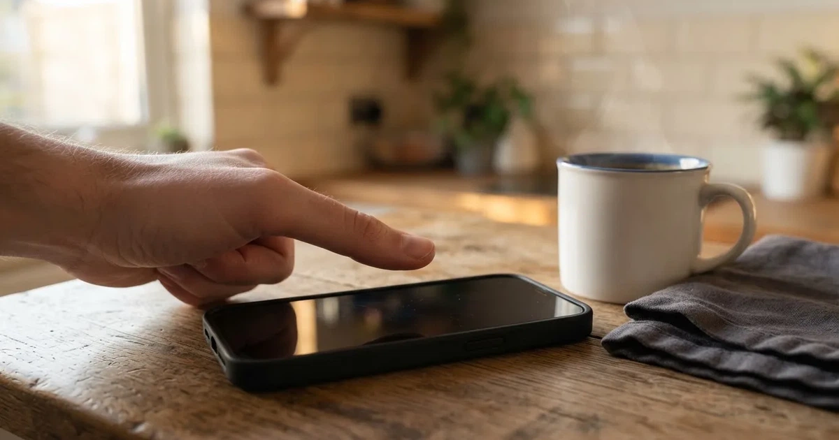 Ein Daumen schwebt über einem Smartphone mit dunklem Display, das auf einem Küchentisch neben einer Tasse liegt.