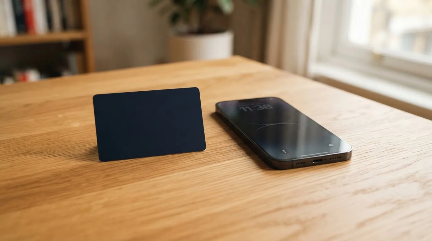Eine Bankkarte ohne Aufdruck liegt neben einem Smartphone mit dunklem Display auf einem Holztisch.