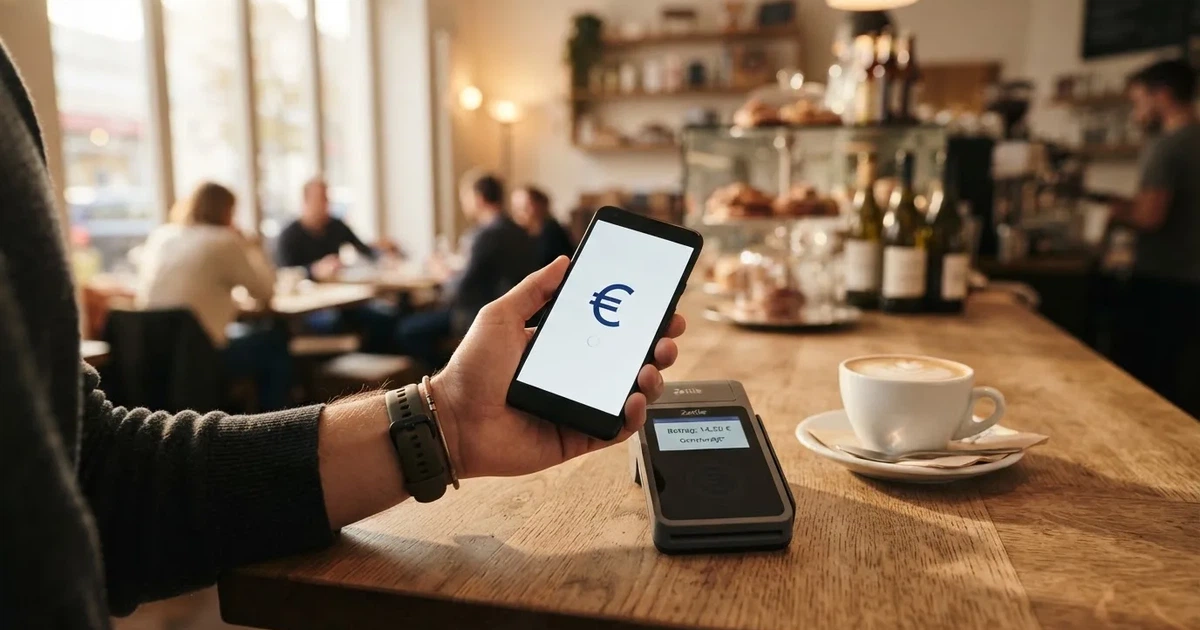 Eine Hand hält ein Smartphone dicht an ein Kartenlesegerät ohne erkennbare Beschriftung in einem Café.