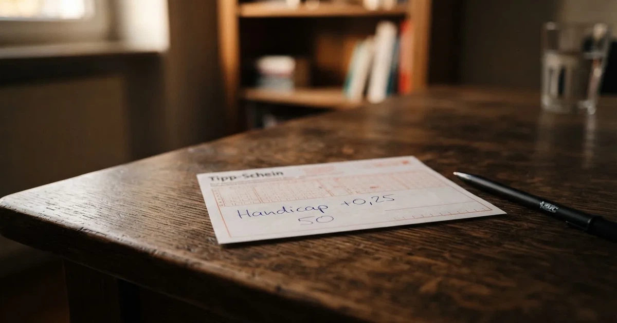 Ein leerer Papier-Wettschein liegt neben einem Kugelschreiber auf einem Tisch, ohne lesbaren Aufdruck.