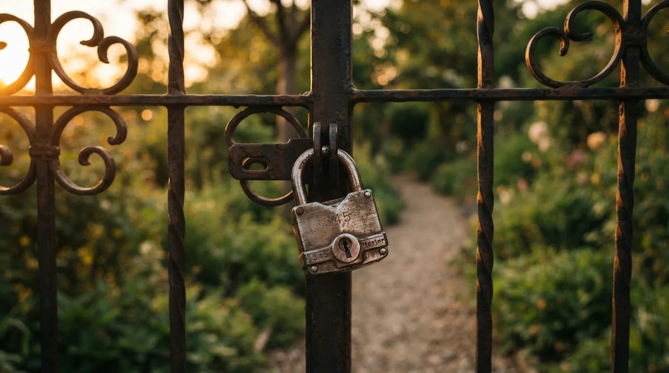 Ein Vorhängeschloss hängt an einem Gartentor im Abendlicht, dahinter ein unscharfer Weg.
