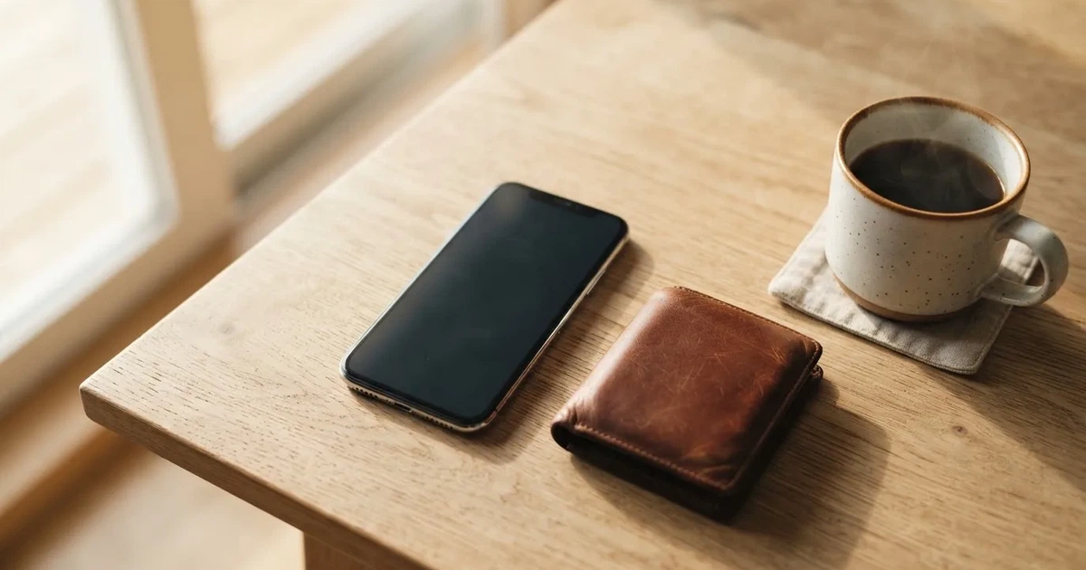Ein Smartphone mit dunklem Display liegt auf einem Tisch neben einer Geldbörse und einer Tasse Kaffee.