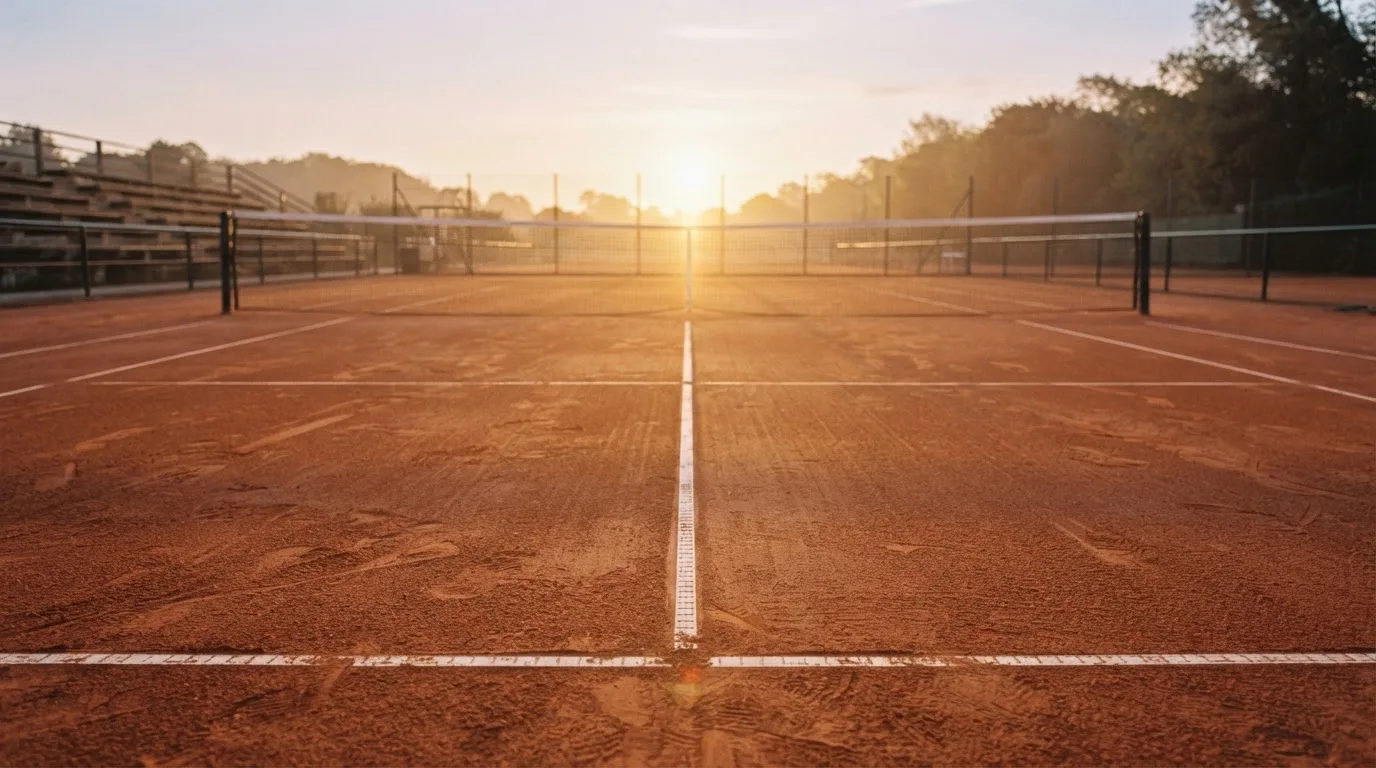 Ein Tennisplatz aus Sand bei Sonnenaufgang, das Netz im Gegenlicht, kein Mensch zu sehen.
