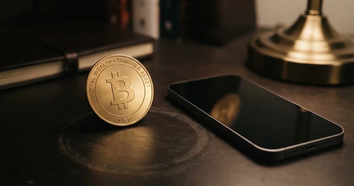 Eine einzelne goldfarbene Münze ohne Prägung liegt auf einem dunklen Tisch, daneben ein ausgeschaltetes Smartphone.