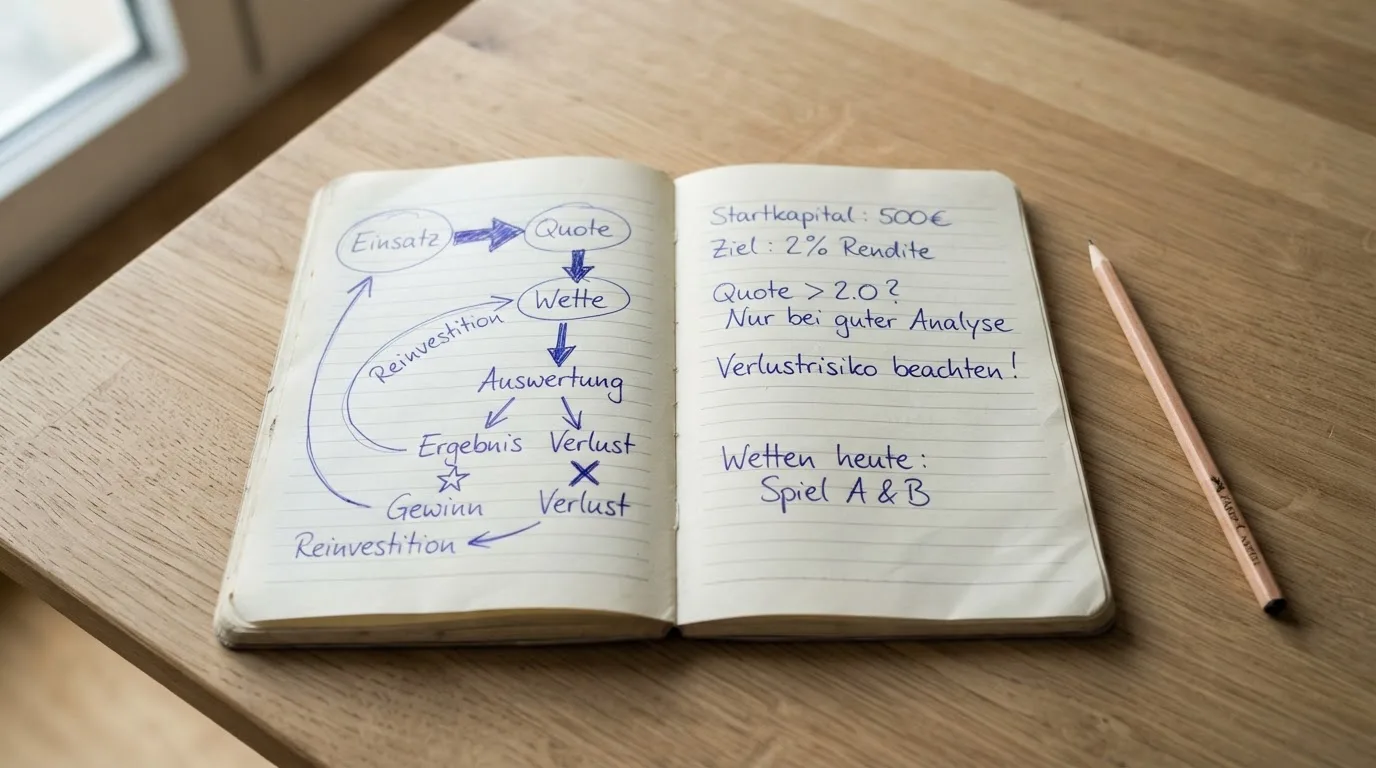 Ein Notizbuch mit handgezeichneten Pfeilen und Kreisen liegt neben einem Bleistift auf einem hellen Tisch.
