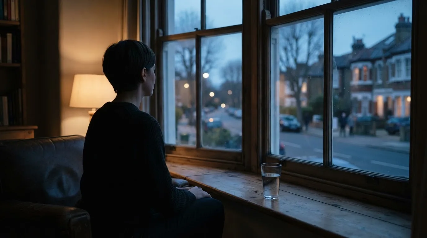 Die Silhouette einer Person sitzt am Abend am Fenster und blickt auf eine Straße, auf dem Fensterbrett steht ein Glas Wasser.