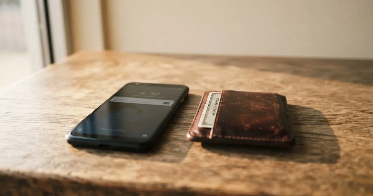 Ein Smartphone mit dunklem Bildschirm liegt neben einer Geldbörse und wenigen Münzen auf einem Holztisch im weichen Fensterlicht.