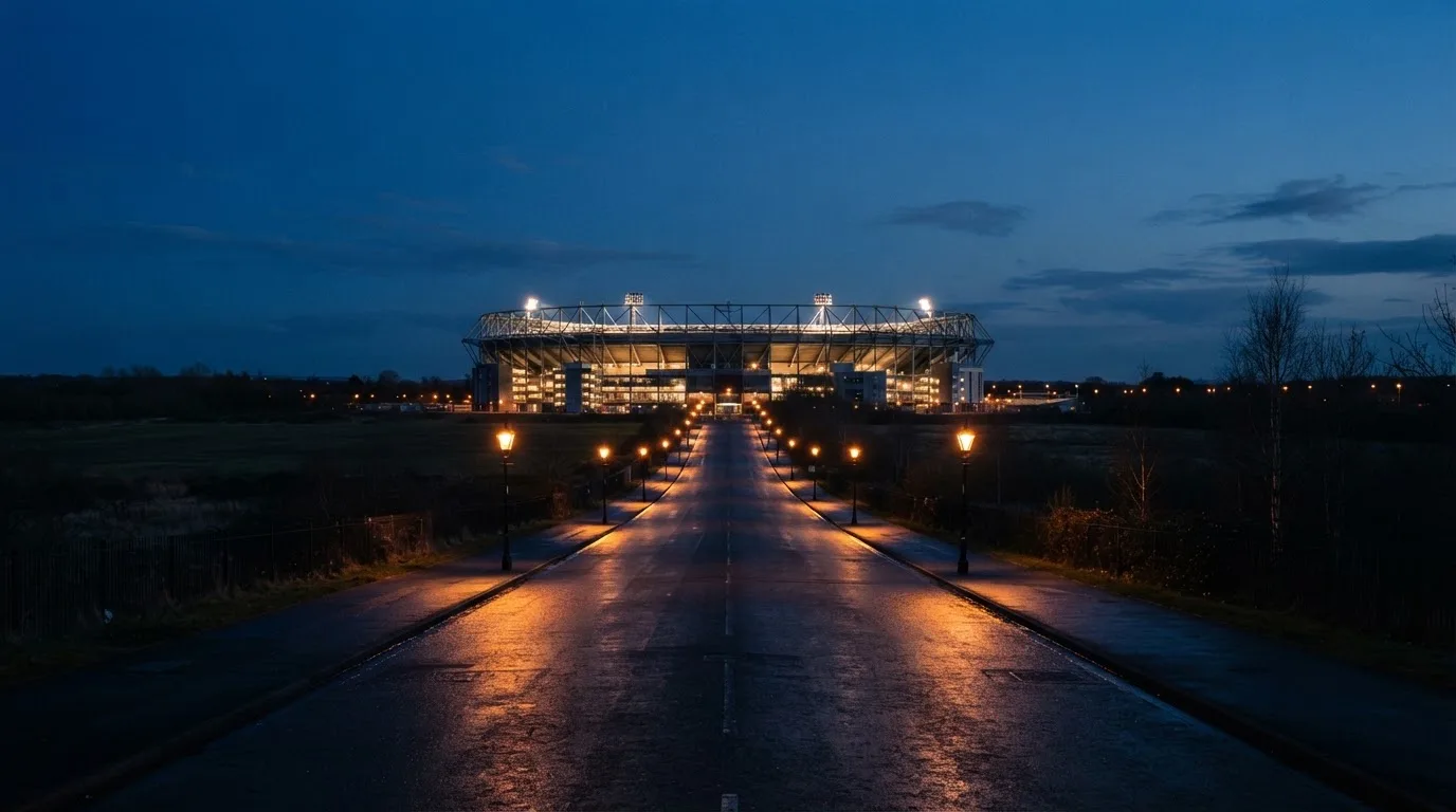 Ein Stadion unter Flutlicht aus der Ferne gesehen, davor eine dunkle Straße mit Laternen und ohne Menschen.