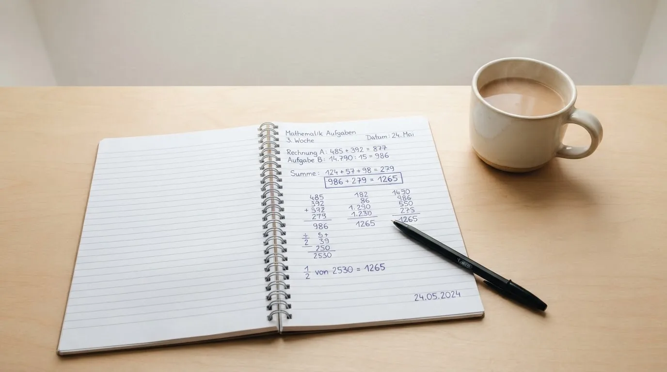 Ein Notizbuch mit handgeschriebenen Rechnungen und ein Taschenrechner auf einem hellen Schreibtisch neben einer Tasse Tee.