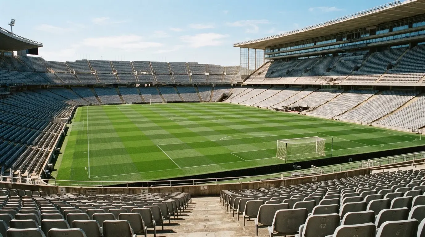 Ein leeres Fußballstadion bei Tageslicht von der Tribüne aus gesehen, der Rasen zeigt gleichmäßige Mähstreifen.