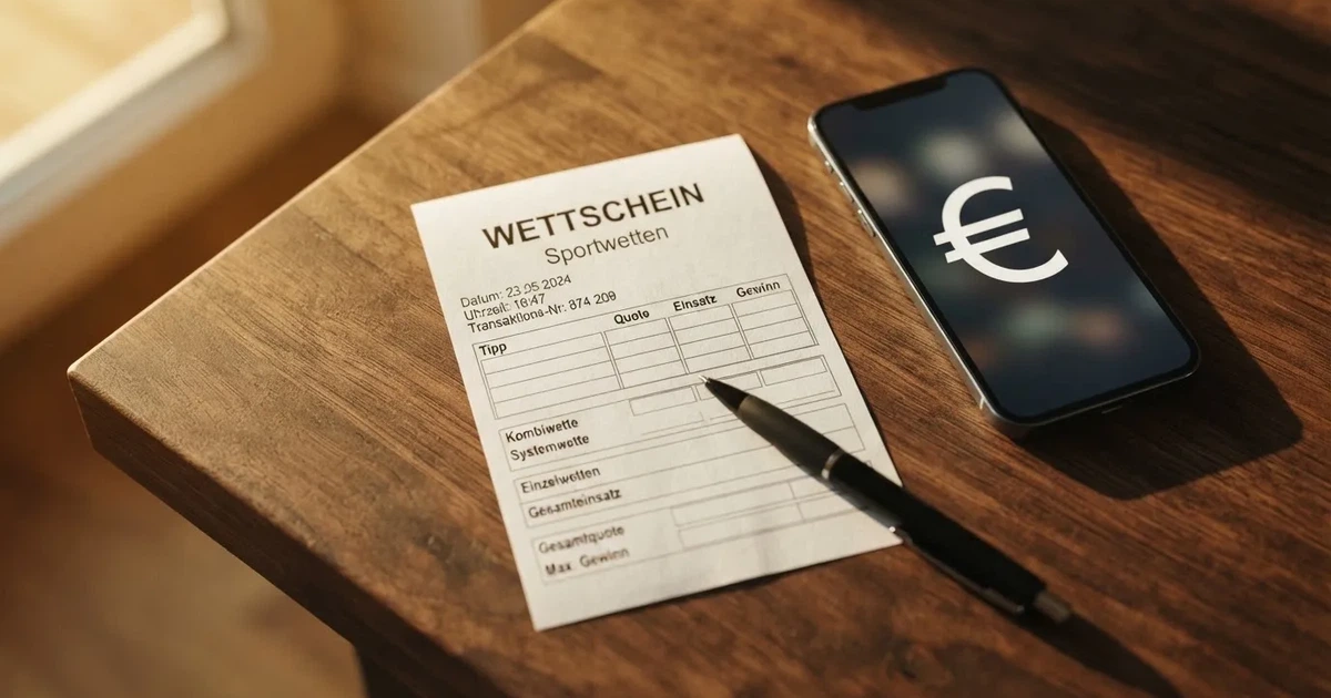 Ein leerer Papier-Wettschein und ein Kugelschreiber liegen auf einem Tisch, daneben ein kleiner Stapel Münzen.