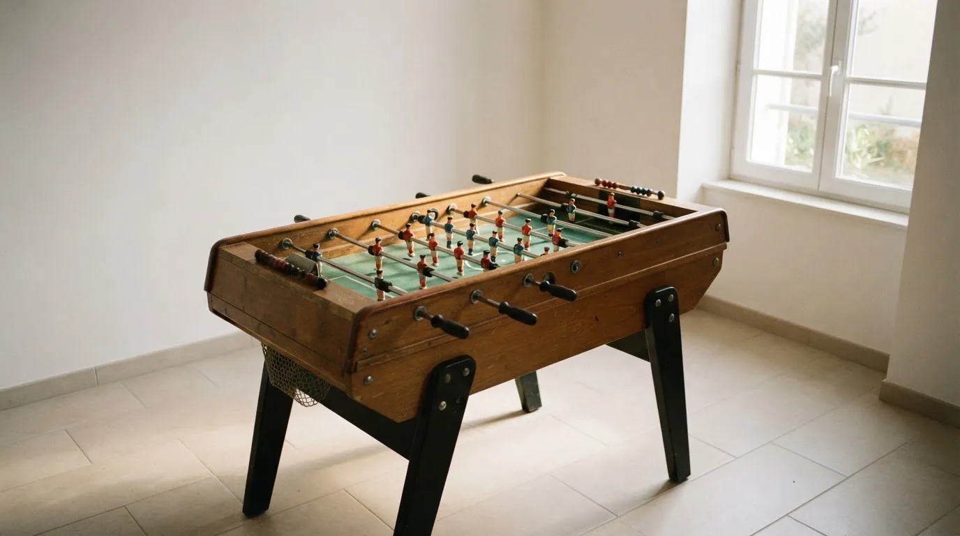 Ein Tischkicker in einem leeren Raum, die Spielfiguren in Reihe, Tageslicht fällt durch ein großes Fenster.