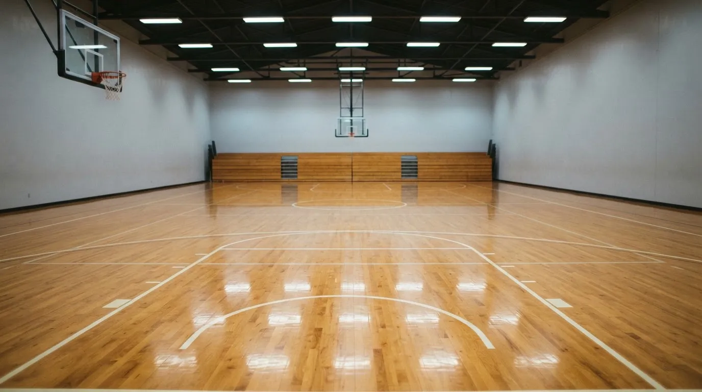 Ein Basketballfeld in einer leeren Halle, das Parkett spiegelt das Licht der Deckenlampen.