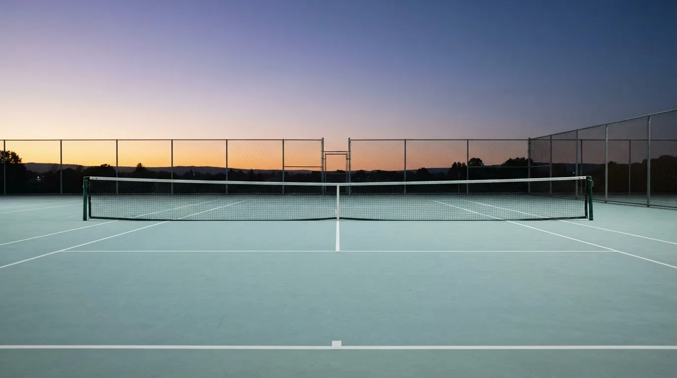 Ein Tennisplatz in der Dämmerung, Netz und Linien im Zwielicht, ohne Menschen und mit ruhigem Himmel.
