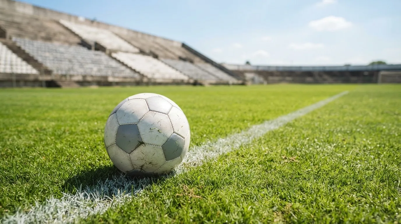 Ein Fußball liegt am Spielfeldrand eines Rasenplatzes, im Hintergrund eine leere Tribüne unter hellem Himmel.