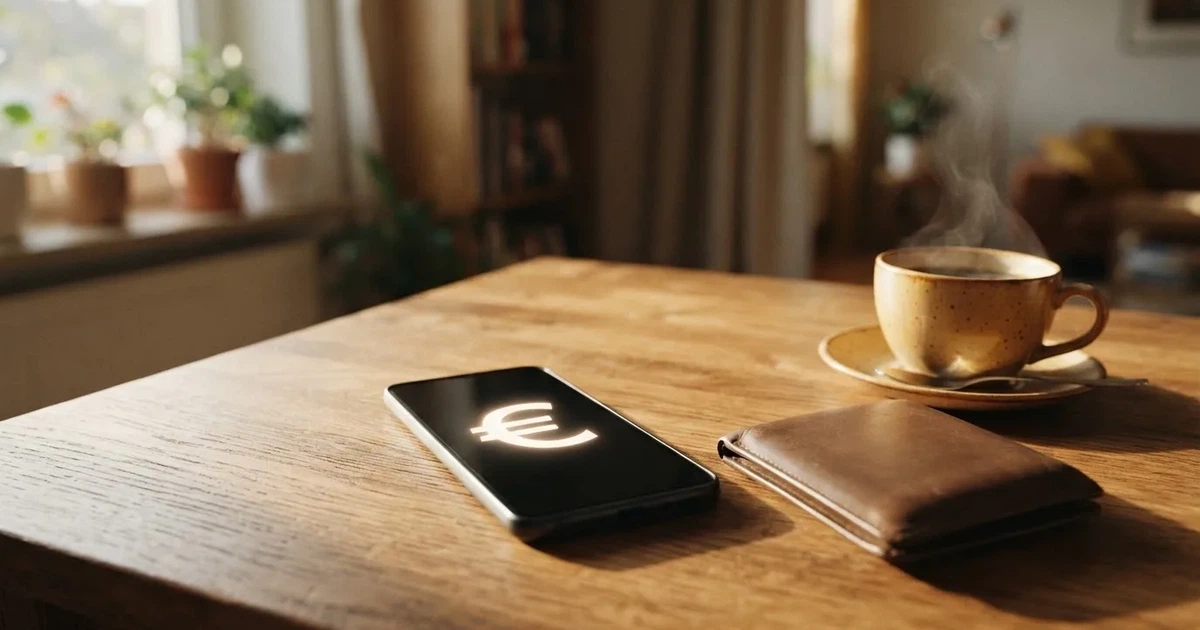 Ein Smartphone mit dunklem Bildschirm liegt auf einem Holztisch neben einem Portemonnaie und einer Kaffeetasse im Fensterlicht.