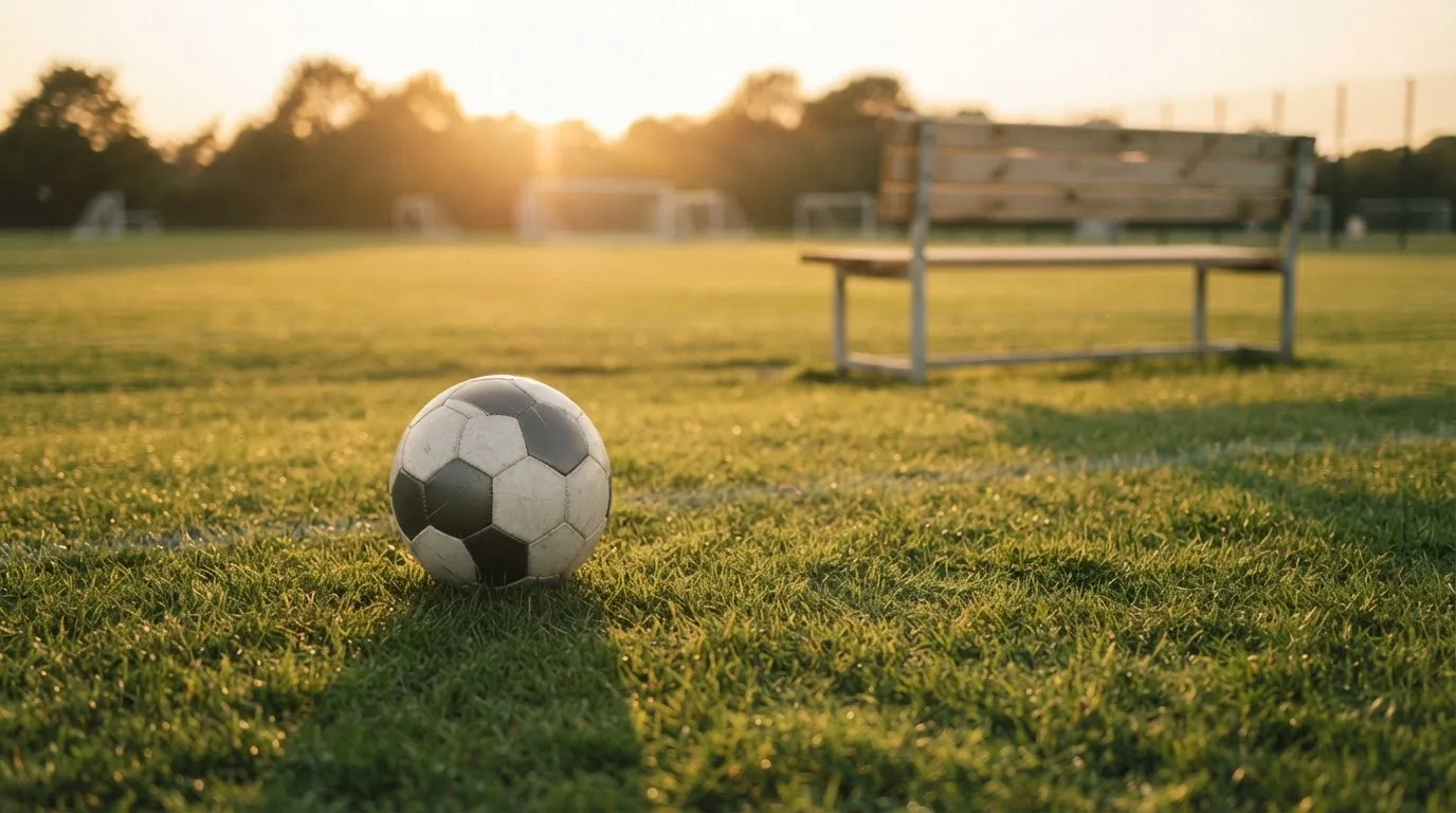 Ein Fußball auf einem Rasenplatz im Gegenlicht der tiefstehenden Sonne, am Rand eine leere Ersatzbank.