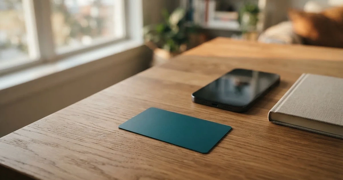 Eine Plastikkarte ohne Aufdruck liegt auf einem Holztisch neben einem Smartphone mit dunklem Bildschirm und einem Notizbuch.