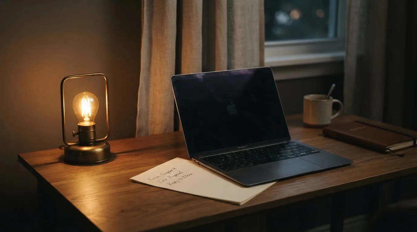 Ein Schreibtisch mit Lampe und geschlossenem Laptop in einem ruhigen Büro bei Abendlicht.
