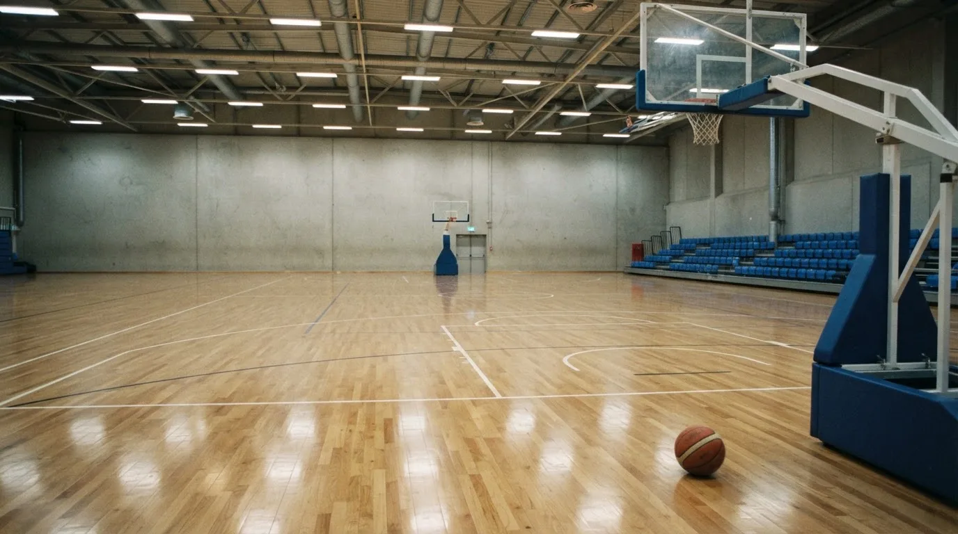 Ein Basketballfeld in einer leeren Halle, das Parkett spiegelt das Deckenlicht.