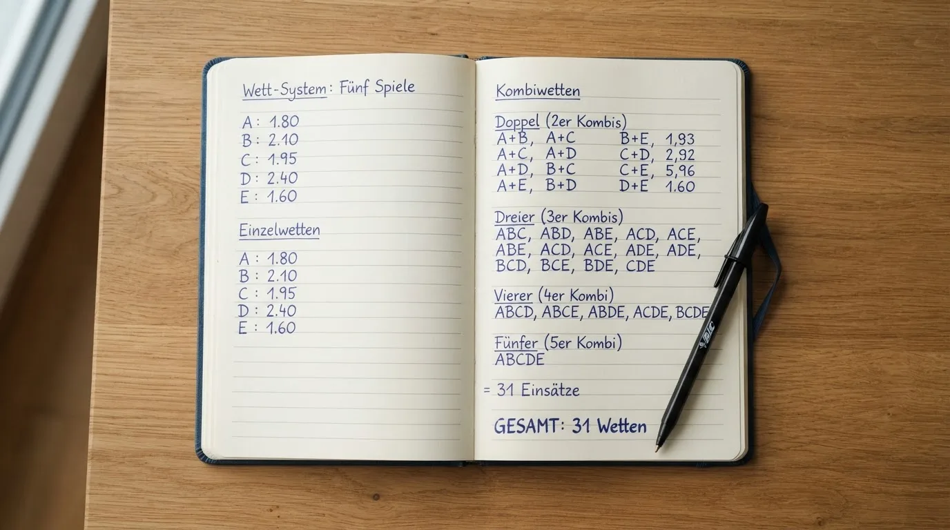 Ein Taschenrechner und ein Notizbuch mit handschriftlichen Zahlenreihen auf einem Schreibtisch neben einem Kugelschreiber.
