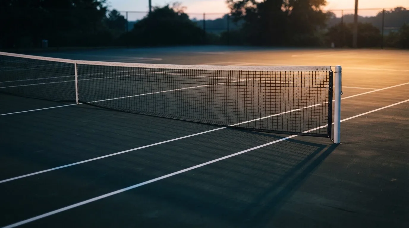 Ein Tennisplatz bei Sonnenaufgang, Netz und Linien im Streiflicht, ohne Menschen.