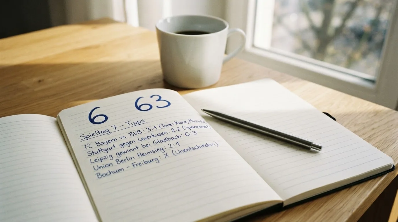 Ein aufgeschlagenes leeres Notizbuch mit Kugelschreiber neben einer Tasse Kaffee auf einem Tisch am Fenster.