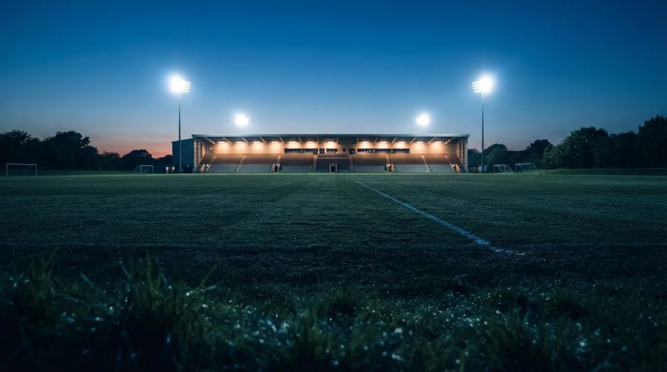 Ein Stadion unter Flutlicht aus der Ferne gesehen, im Vordergrund ein leeres Feld in der Dämmerung.