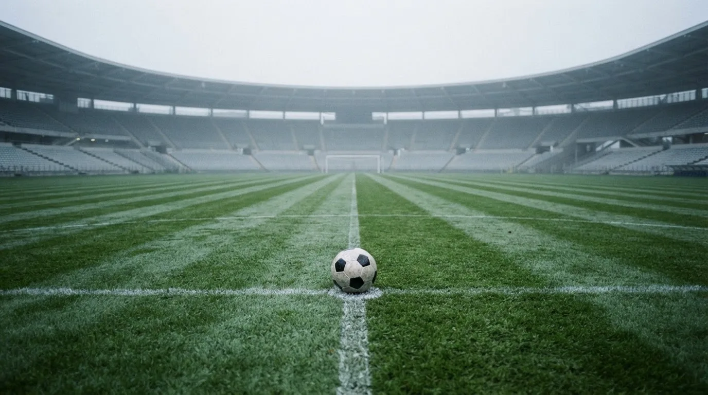 Ein Fußball liegt auf dem Anstoßpunkt eines leeren Rasenplatzes, im Hintergrund hängt Morgendunst über den Tribünen.