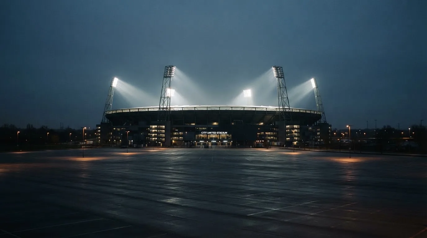 Ein Fußballstadion unter Flutlicht, aus großer Entfernung bei Einbruch der Dunkelheit gesehen, davor ein leerer Parkplatz.