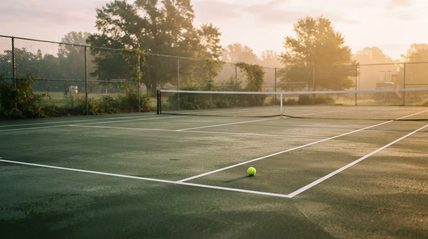 Ein Tennisplatz bei Sonnenaufgang, die Linien noch taufeucht, ein einzelner Ball liegt an der Grundlinie.
