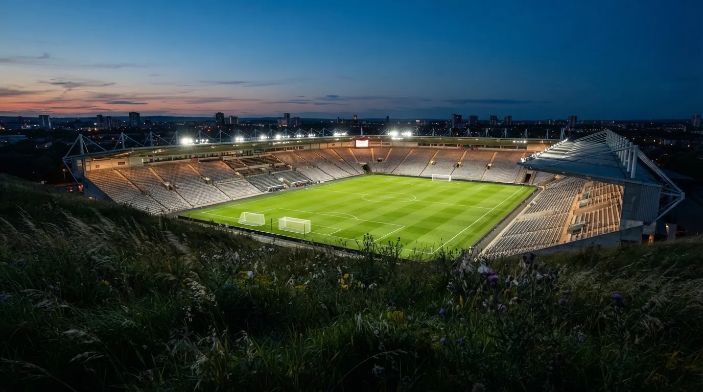 Ein leeres Stadion mit hell erleuchteten Rängen in der Abenddämmerung, von einem Hügel aus fotografiert.