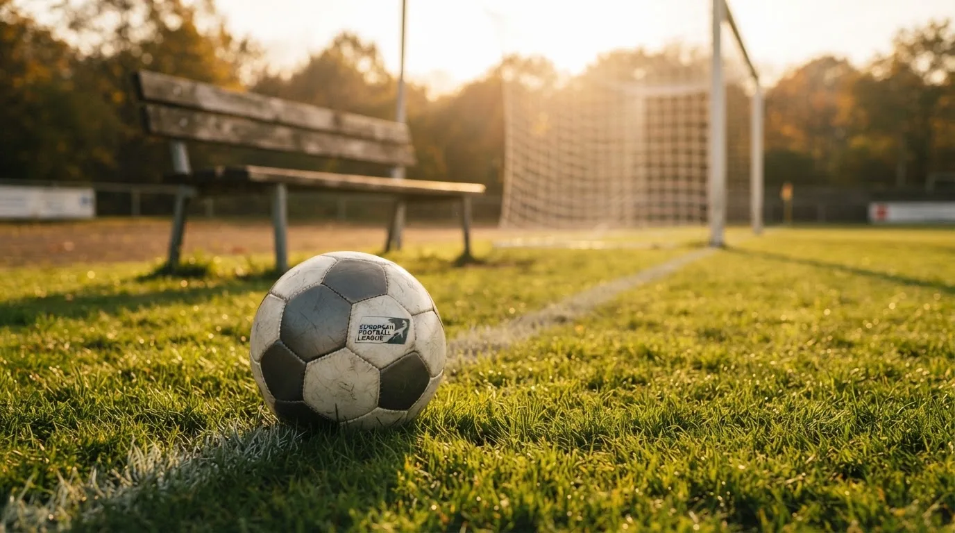 Ein Fußball liegt im Gras am Spielfeldrand, dahinter eine leere Bank und ein Tor im Gegenlicht.