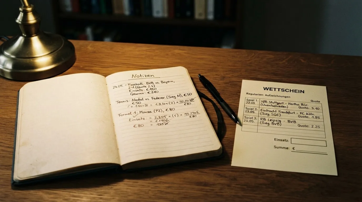 Ein Notizbuch mit handschriftlichen Notizen liegt aufgeschlagen neben einem leeren Papier-Wettschein auf einem Holztisch.