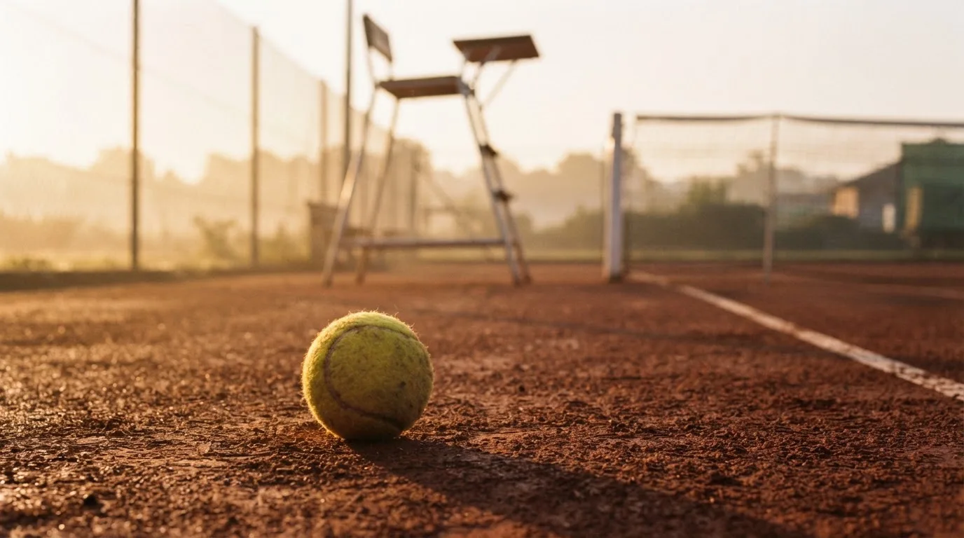 Ein Tennisball liegt auf einem roten Sandplatz bei Sonnenaufgang, im Hintergrund ein leerer Schiedsrichterstuhl.