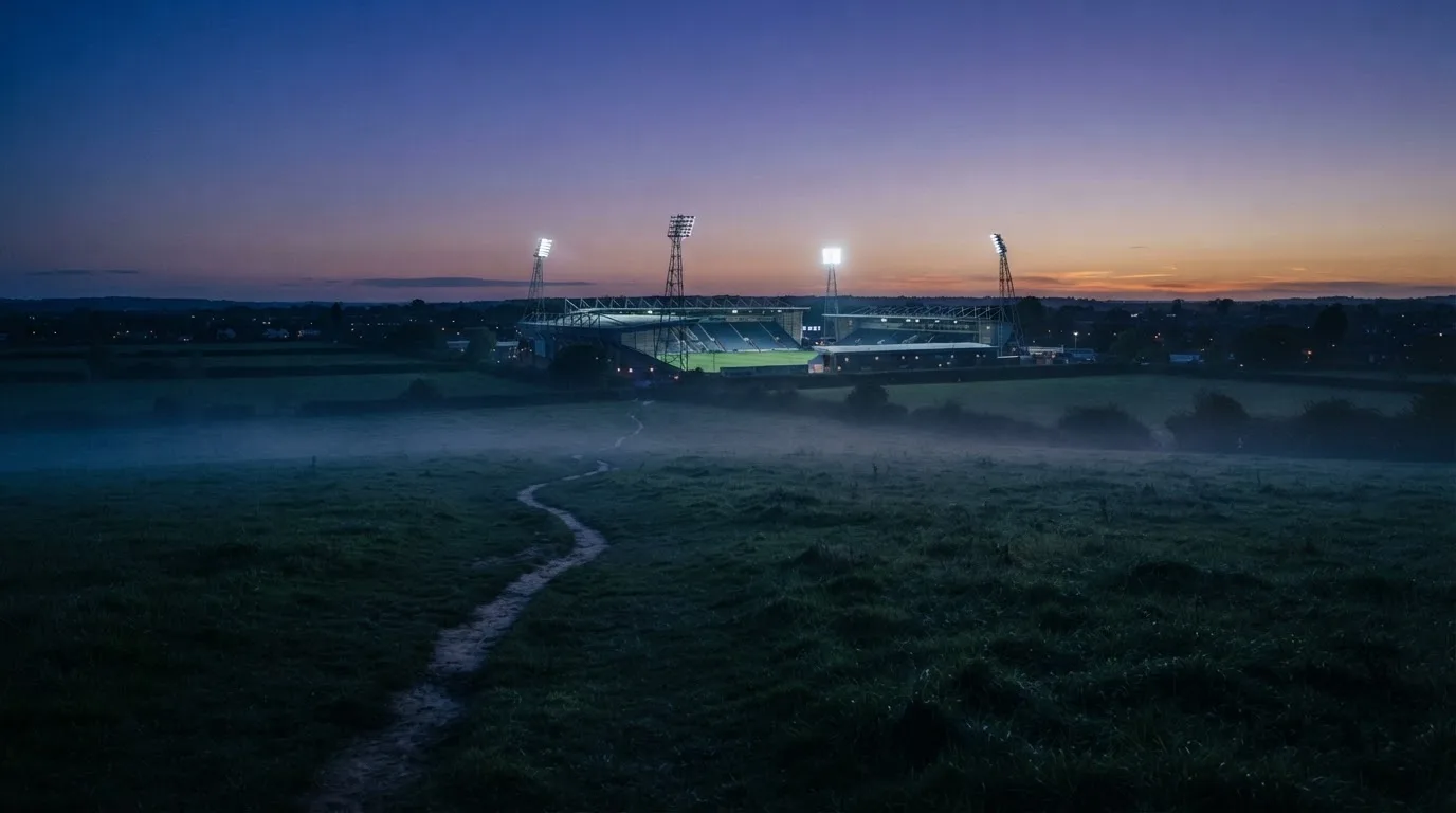 Ein Stadion unter Flutlicht aus der Ferne, davor ein stilles Feld im Dämmerlicht.