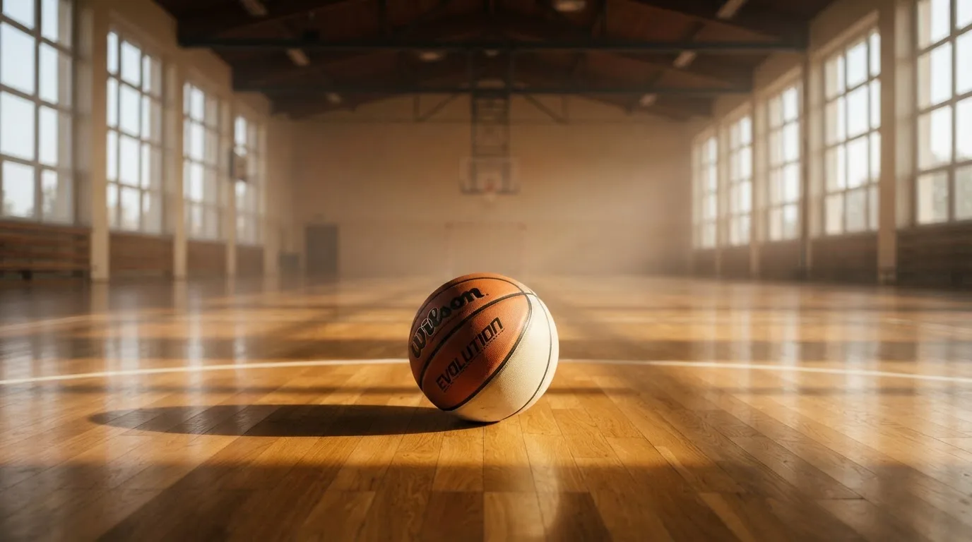 Ein Basketball liegt auf dem Parkett einer leeren Halle, Licht fällt durch hohe Fenster.