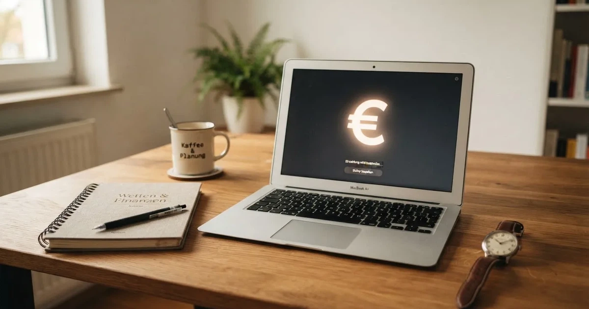 Ein Laptop mit geschlossenem Deckel, ein Notizblock und eine Armbanduhr liegen auf einem Schreibtisch in sachlichem Tageslicht.