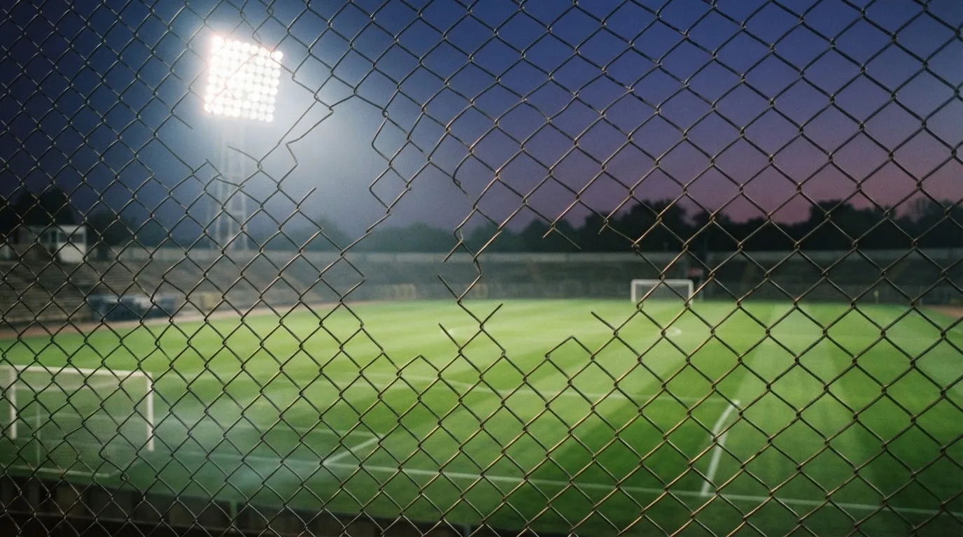 Eine Flutlichtanlage über einem leeren Sportplatz am Abend, im Vordergrund ein Maschendrahtzaun.
