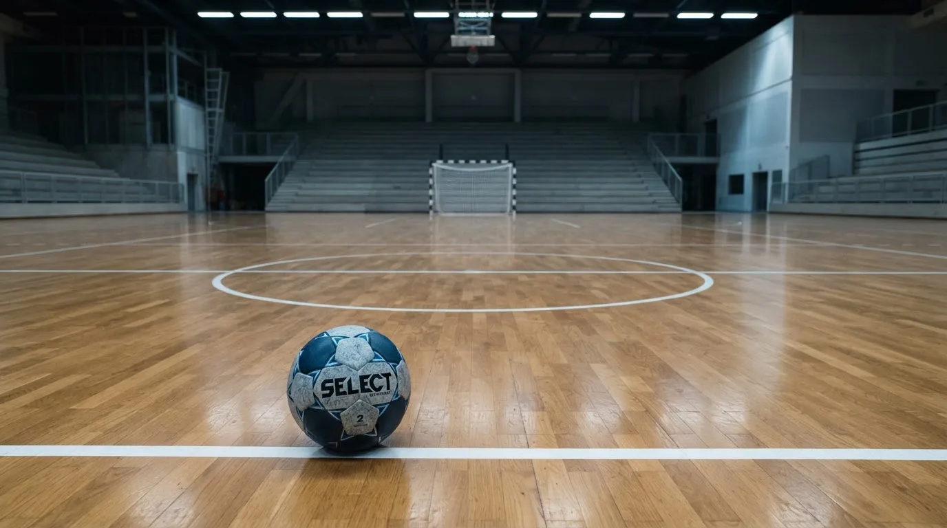 Ein Handball liegt in einer leeren Halle auf dem Boden vor dem Tor.